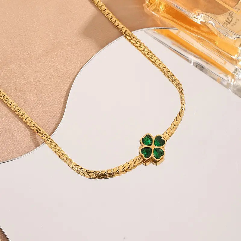 Emerald Grace Four-Leaf Clover Necklace and Earrings Set