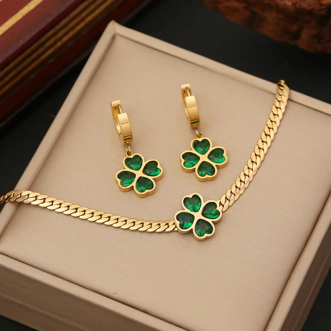 Emerald Grace Four-Leaf Clover Necklace and Earrings Set