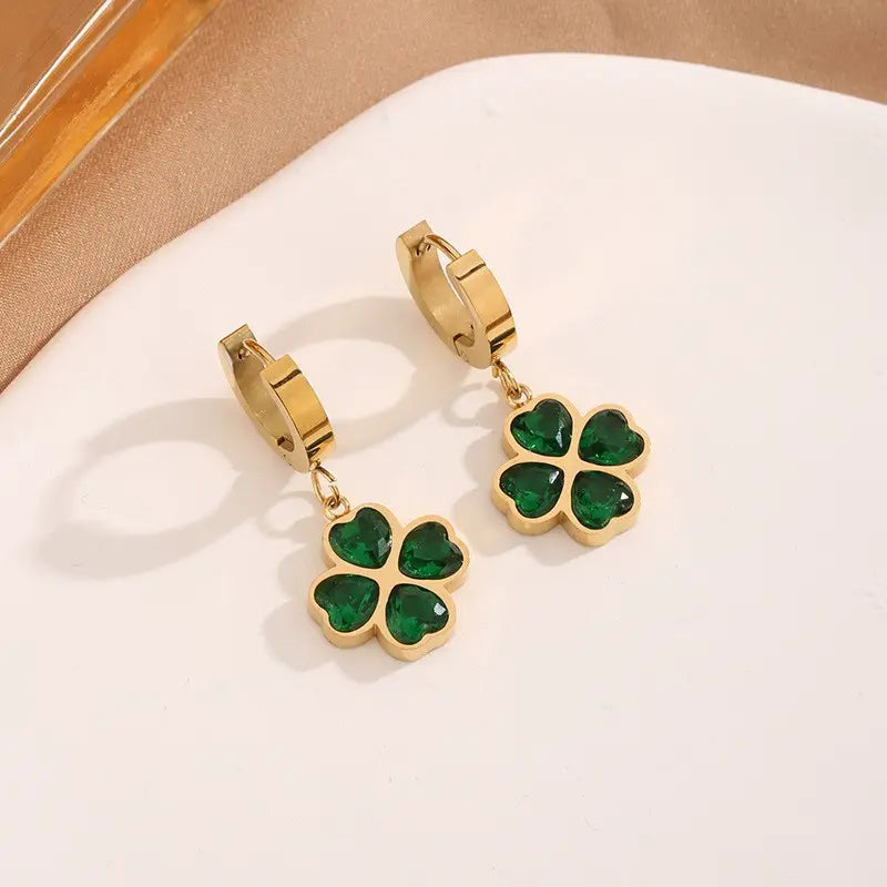 Emerald Grace Four-Leaf Clover Necklace and Earrings Set